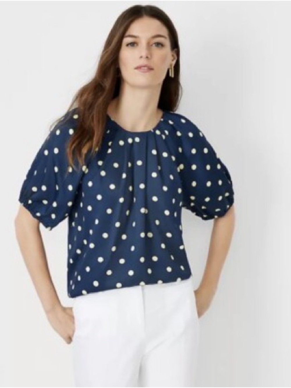Ann Taylor Navy Polka Dot Puff-Sleeve Blouse